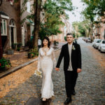 Bride and groom walking in Society Hill Philadelphia